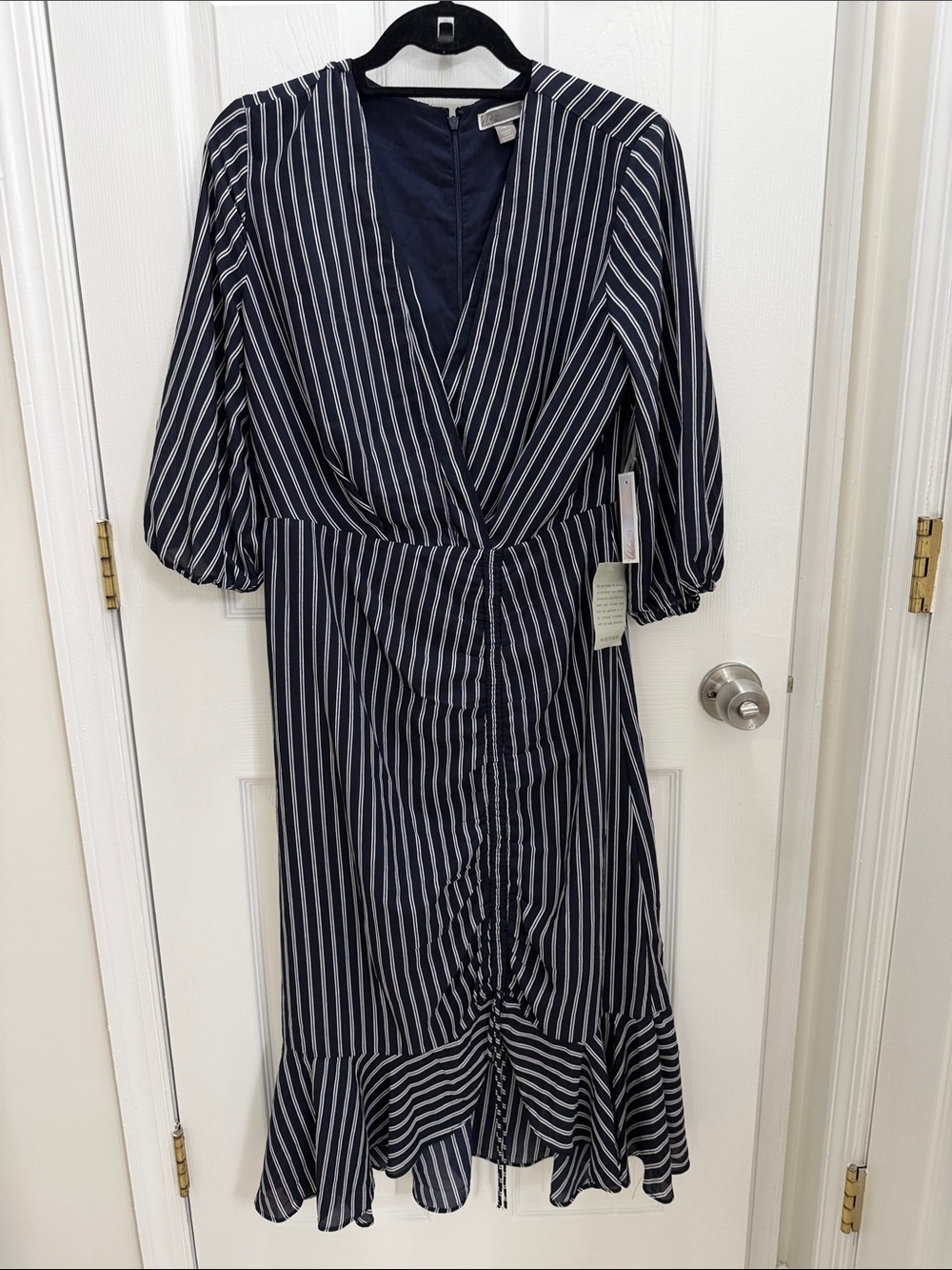 Navy and White Striped Wrap-Front Midi Dress